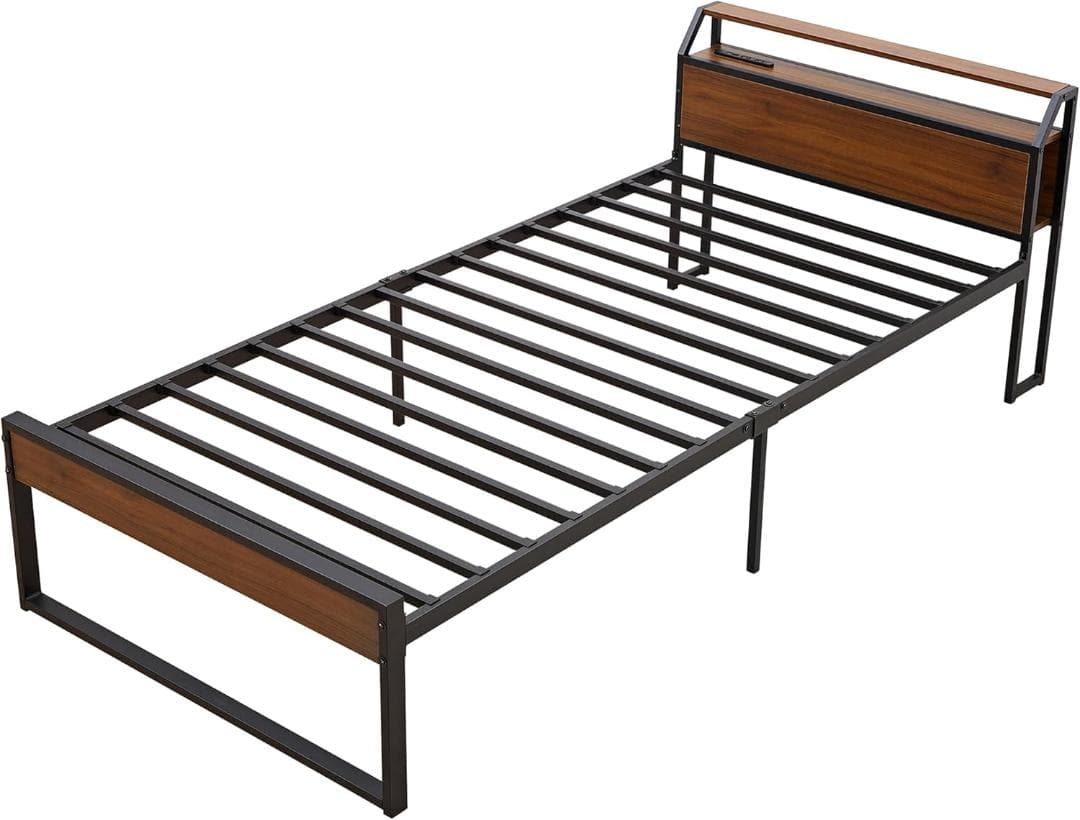 ベッドフレーム❣️シングルベット 2口コンセント付 スチールベッド 収納 宮棚付