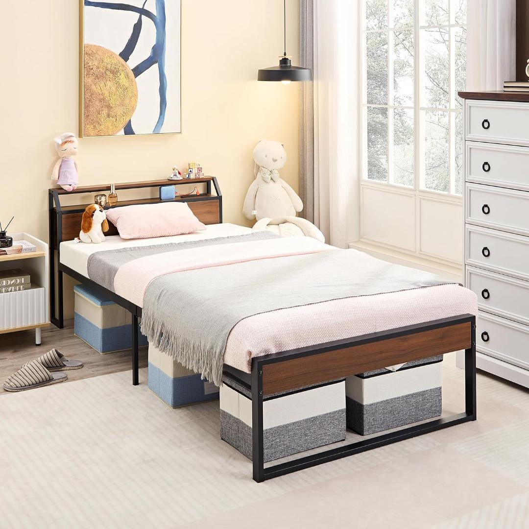 ベッドフレーム❣️シングルベット 2口コンセント付 スチールベッド 収納 宮棚付