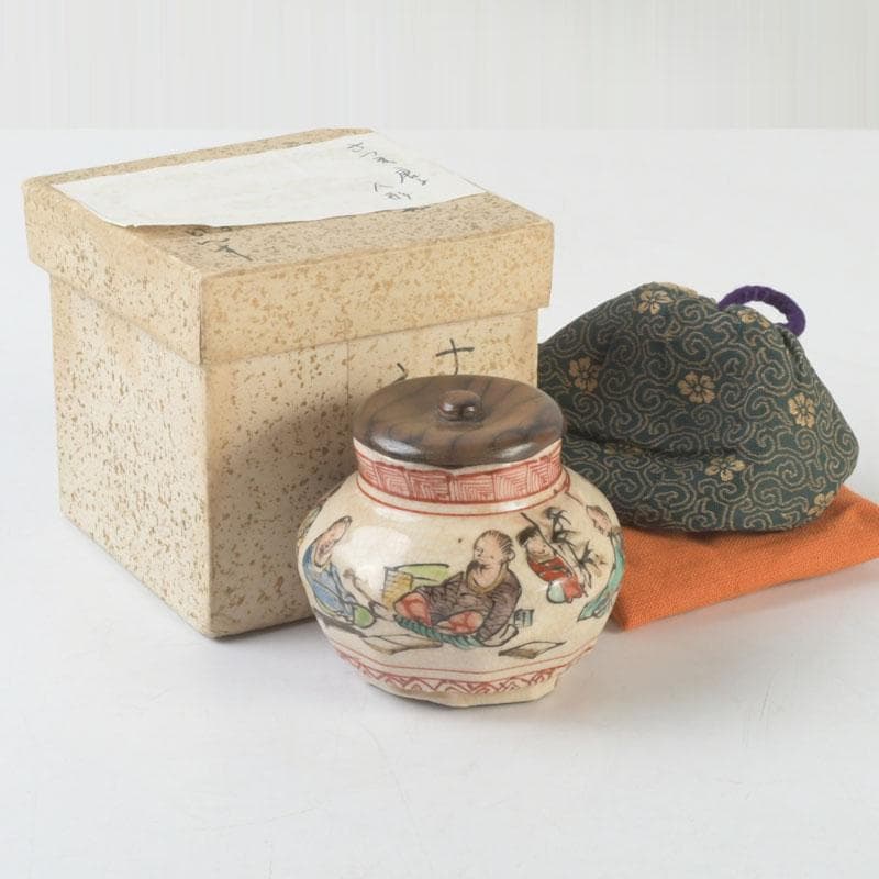 茶道具　九谷焼　古九谷　人物文　茶入　黒柿蓋　仕覆付　V　9669