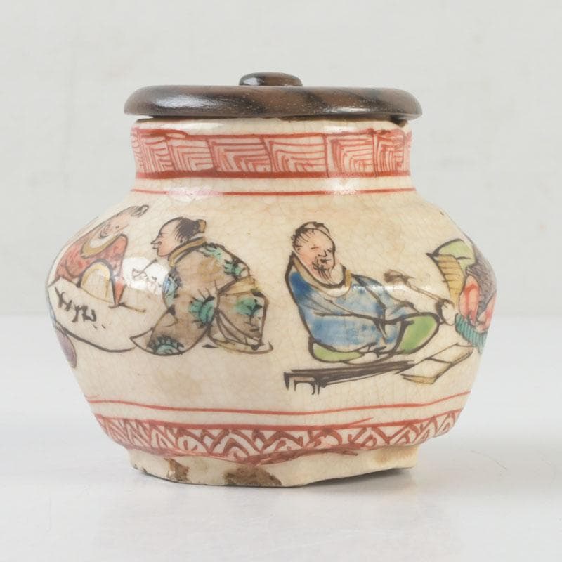 茶道具　九谷焼　古九谷　人物文　茶入　黒柿蓋　仕覆付　V　9669