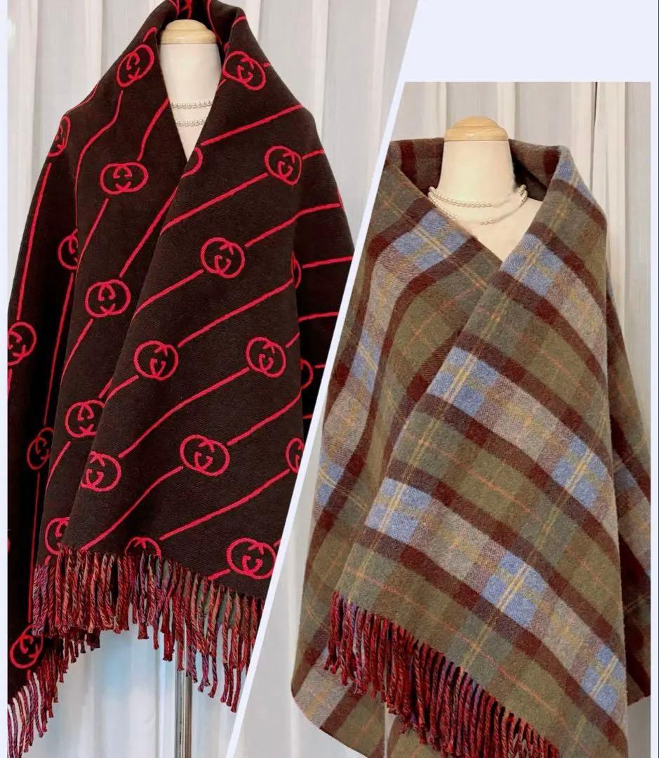 極美品✨GUCCI ポンチョ風ブランケット　リバーシブル　GG柄　チェック