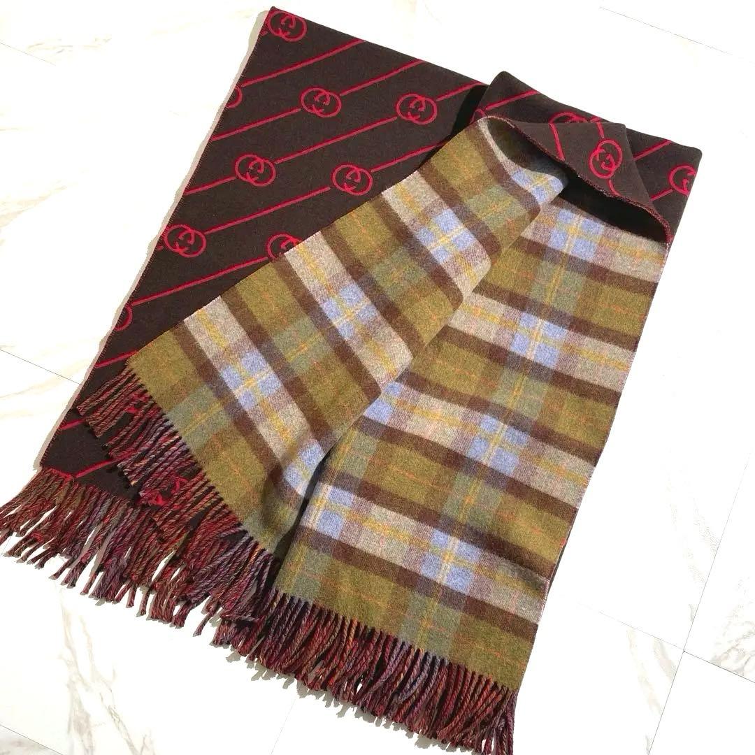 極美品✨GUCCI ポンチョ風ブランケット　リバーシブル　GG柄　チェック