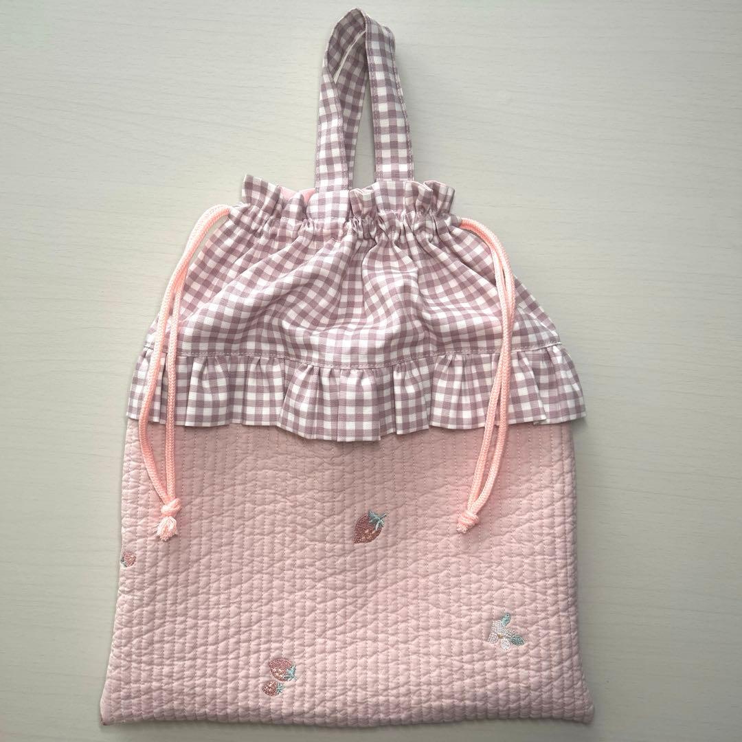 入園入学3点セット　【いちごピンクヌビ×くすみピンクチェック】　女の子