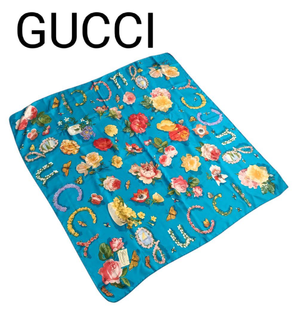 GUCCI グッチ スカーフ 大判　花柄 　蝶　シルク100%　ブルーグリーン