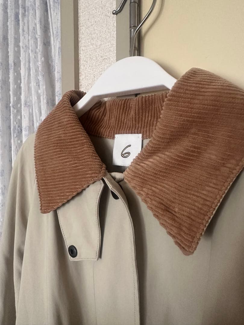 ベージュ コーデュロイ襟 ロングコート