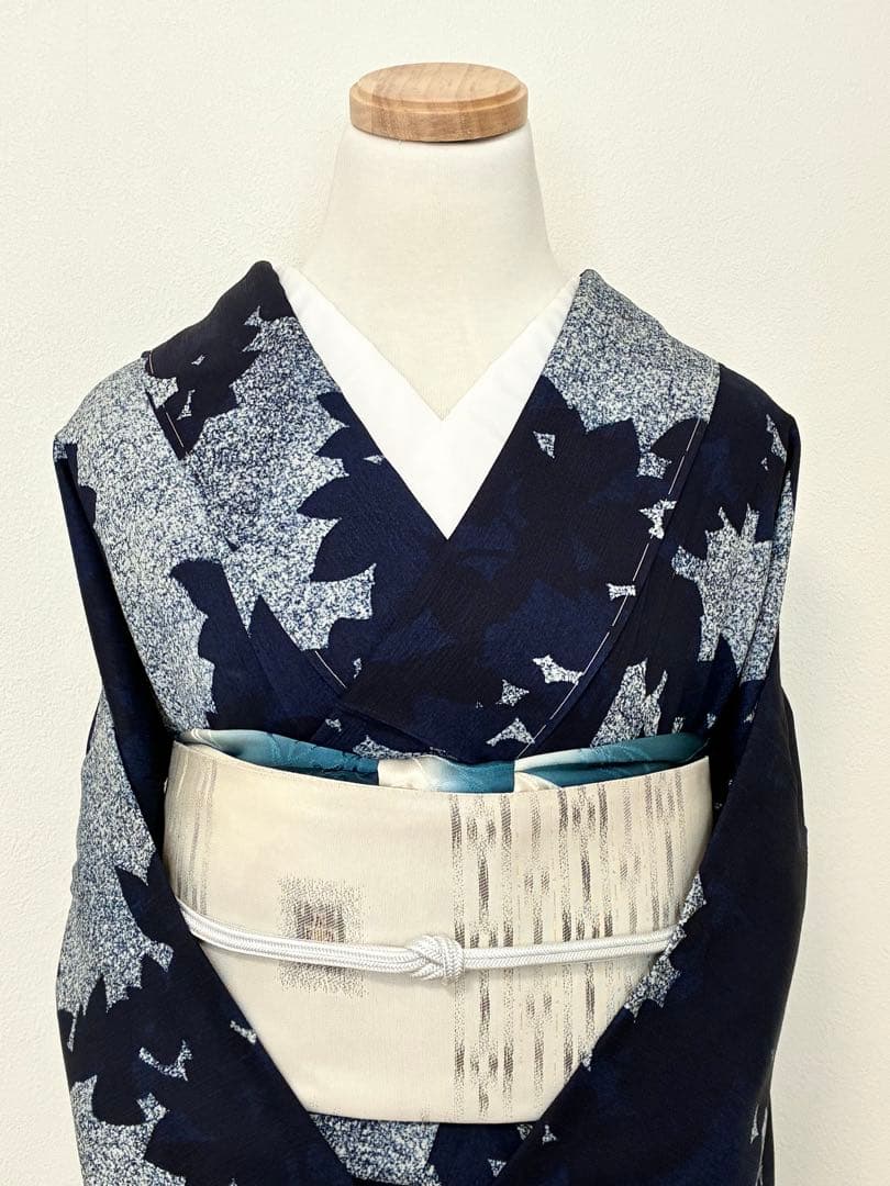 年末年始セール！　小紋　藍染　リーフ模様　裄67cm 正絹