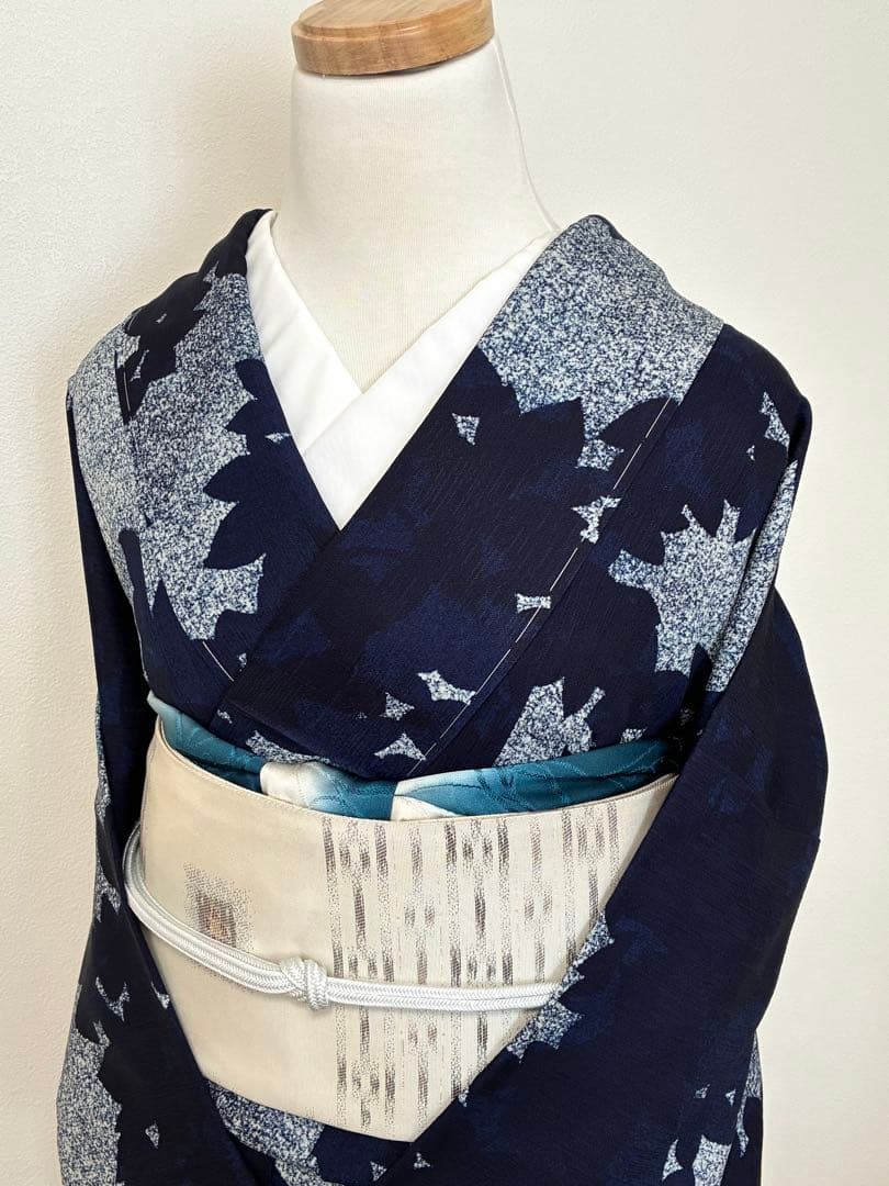 年末年始セール！　小紋　藍染　リーフ模様　裄67cm 正絹