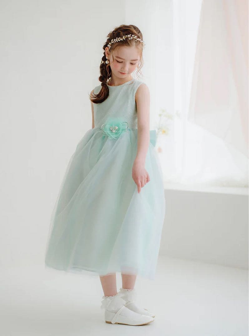 【DRESCCO】ミントブルーバイアスチェックスパンコールロングドレス