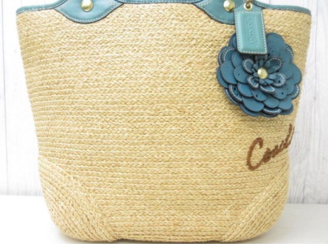 美品☆コーチ　かごバッグ　トートバッグ　レディース　レザー　ターコイズ