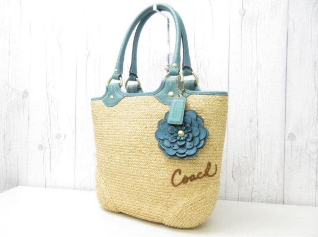 美品☆コーチ　かごバッグ　トートバッグ　レディース　レザー　ターコイズ