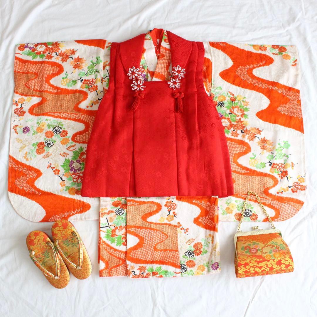 七五三 3歳 子供 女の子 正絹 オレンジ 着物 被布 セット
