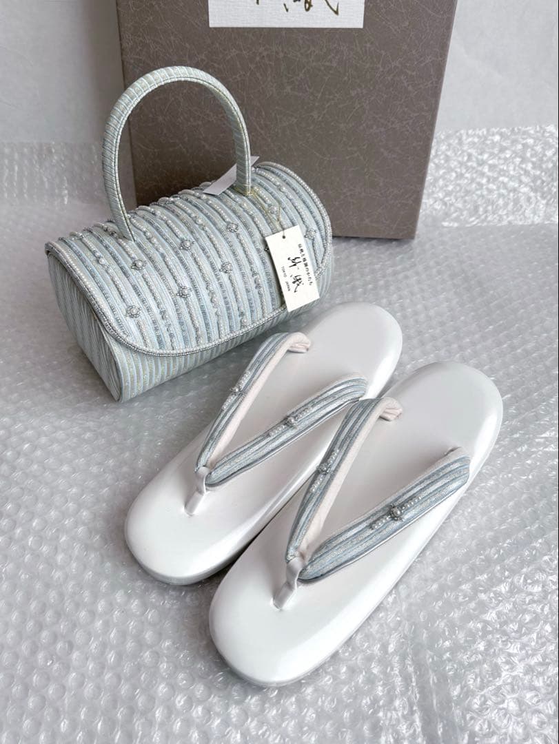 b12 【Lサイズ】未使用 紗織 ビーズ 和装 バッグ 草履 セット