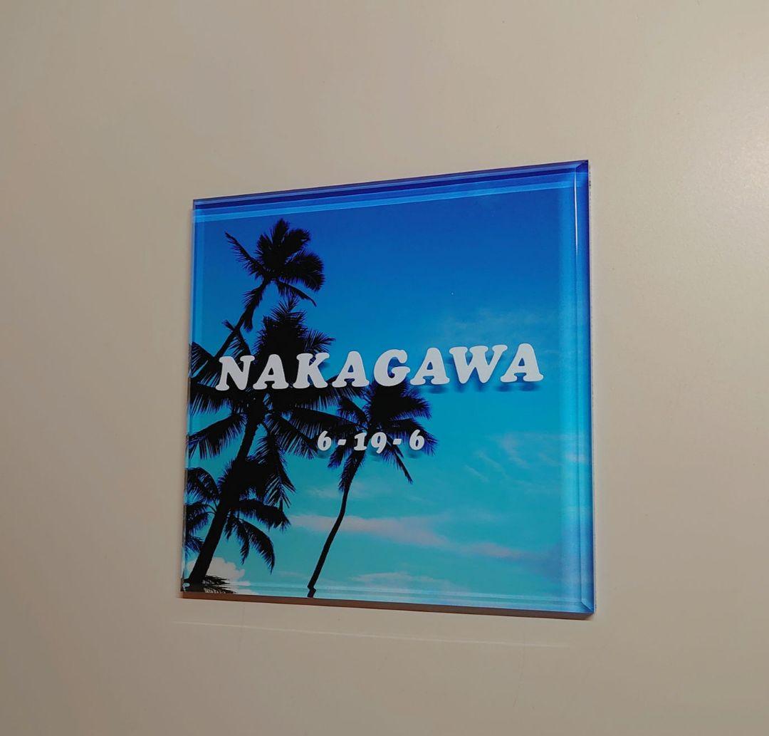 ちょこりんちょこたん＊青空とヤシの木背景アクリル表札＊45度斜めカット