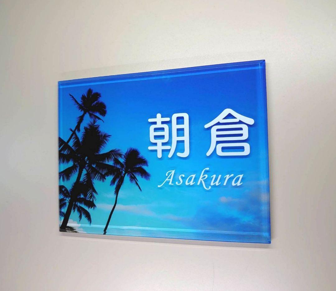 ちょこりんちょこたん＊青空とヤシの木背景アクリル表札＊45度斜めカット