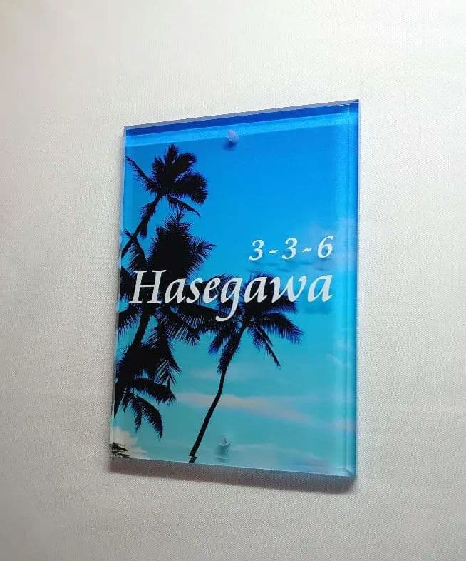 ちょこりんちょこたん＊青空とヤシの木背景アクリル表札＊45度斜めカット