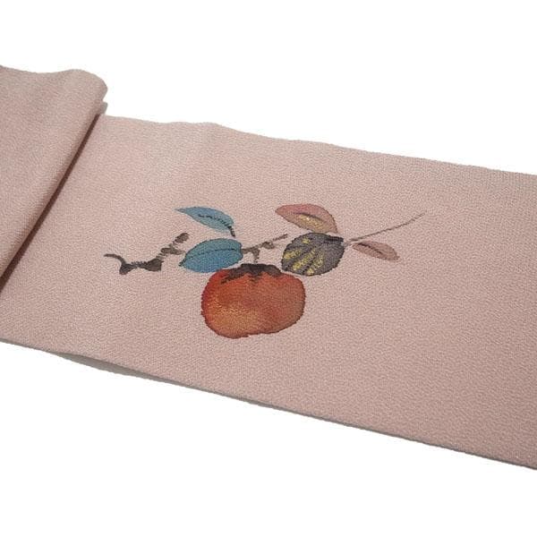 名古屋帯 九寸 手描き ちりめん 縮緬 くすみピンク 柿 絹 中古 kp2272