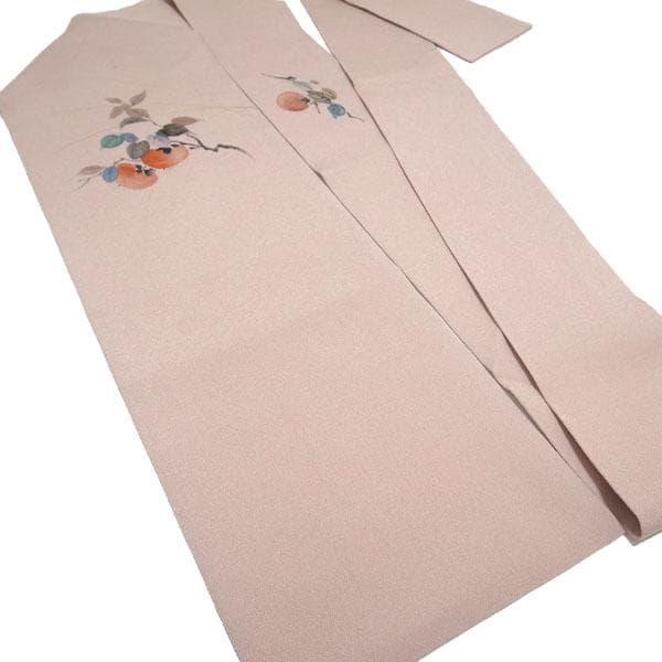名古屋帯 九寸 手描き ちりめん 縮緬 くすみピンク 柿 絹 中古 kp2272