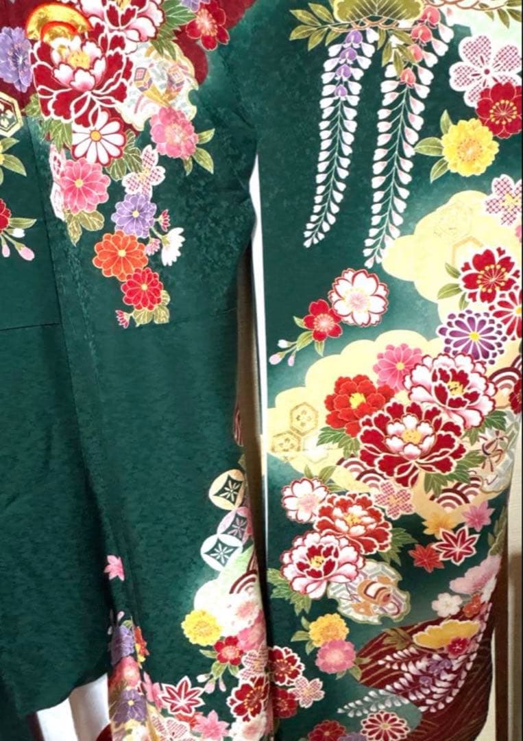 緑 花々 藤 菊 八重桜 振袖 身丈157