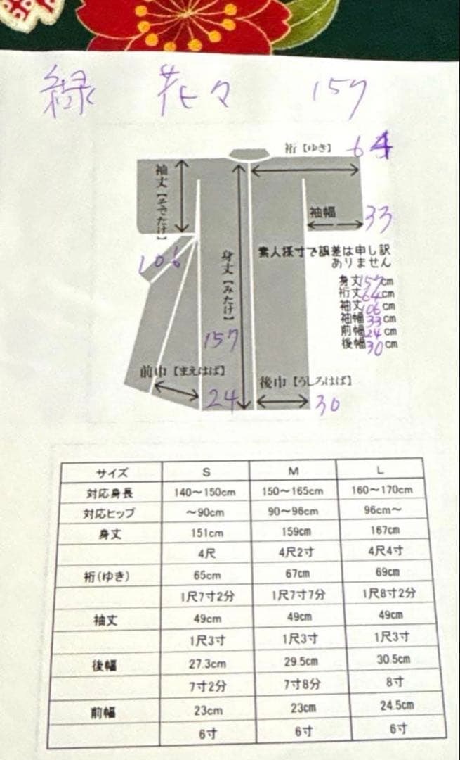 緑 花々 藤 菊 八重桜 振袖 身丈157