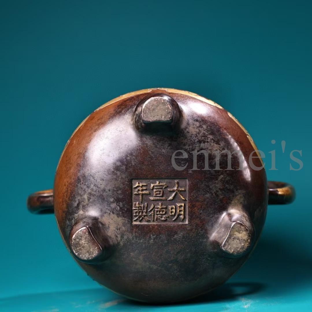 中国古美術・旧蔵純紫銅製・高浮彫鎏金香炉・純手作り・三本脚・置物・仏具・文房具