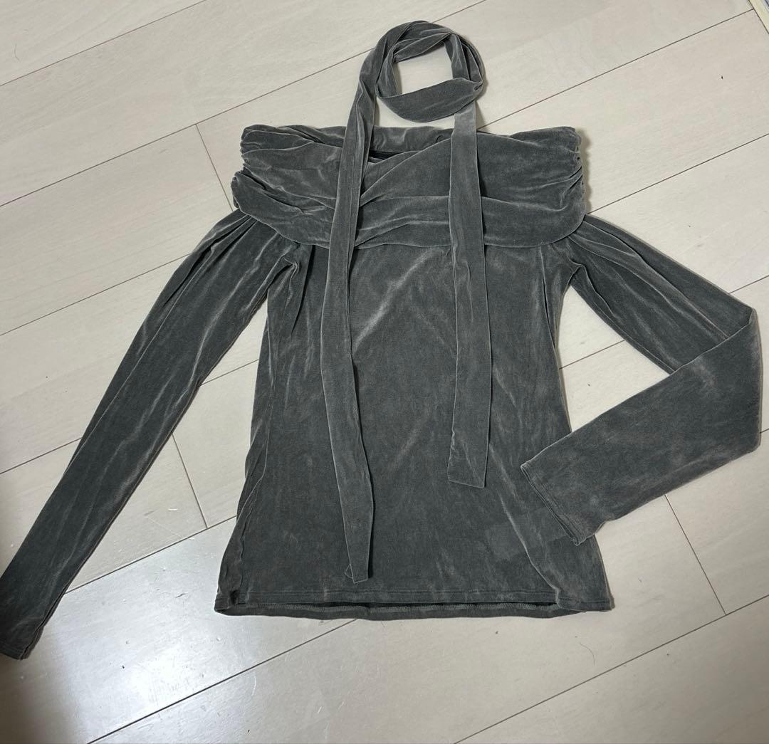 美品 2025FRAY I.D オフショルフロッキーチュールトップス グレー今期