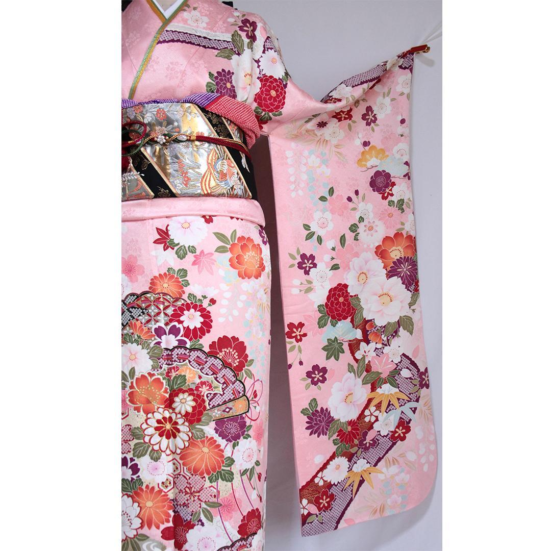 振袖現代柄ピンク5点セット 帯 帯揚げ 帯締め 重ね衿 成人式前撮りPK12