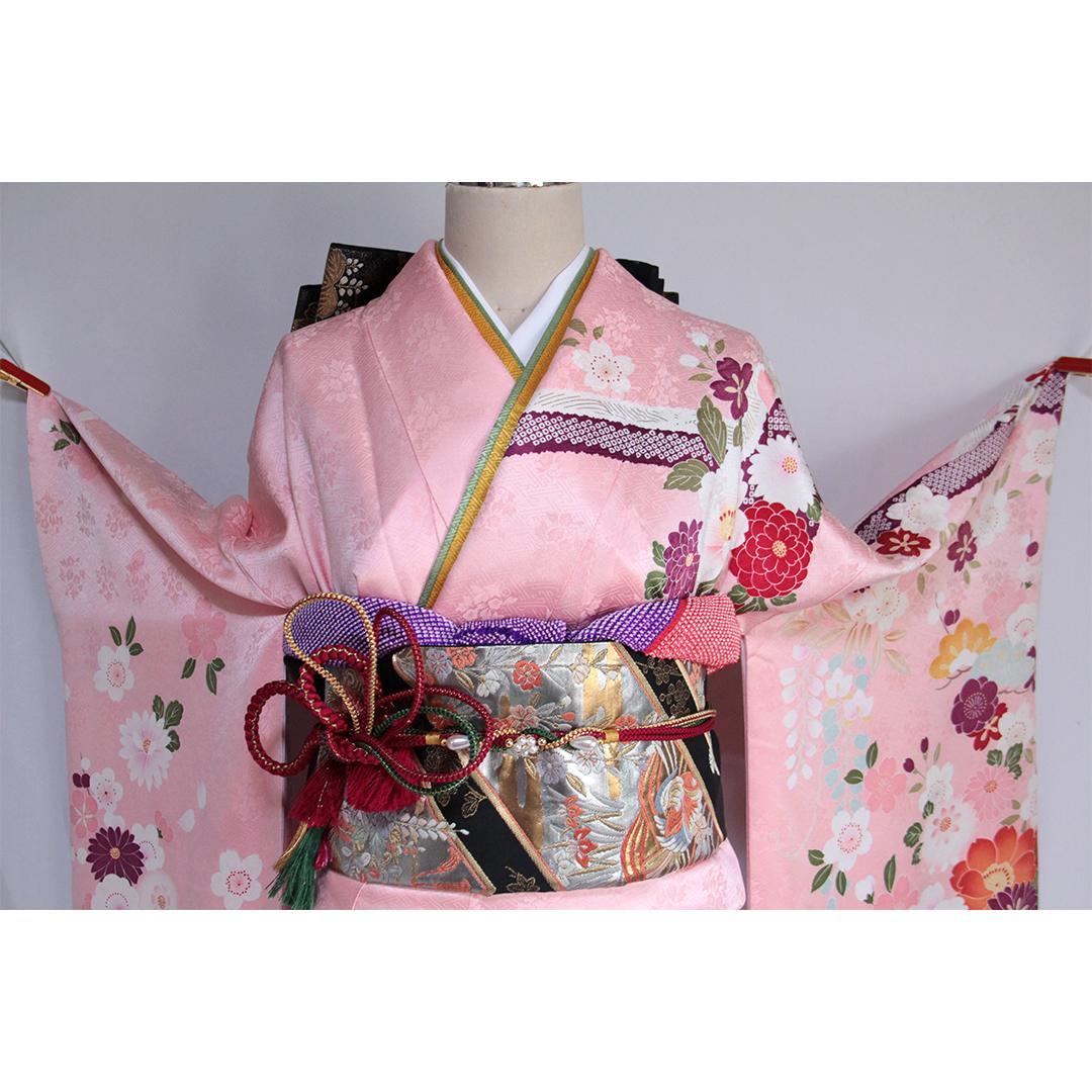 振袖現代柄ピンク5点セット 帯 帯揚げ 帯締め 重ね衿 成人式前撮りPK12