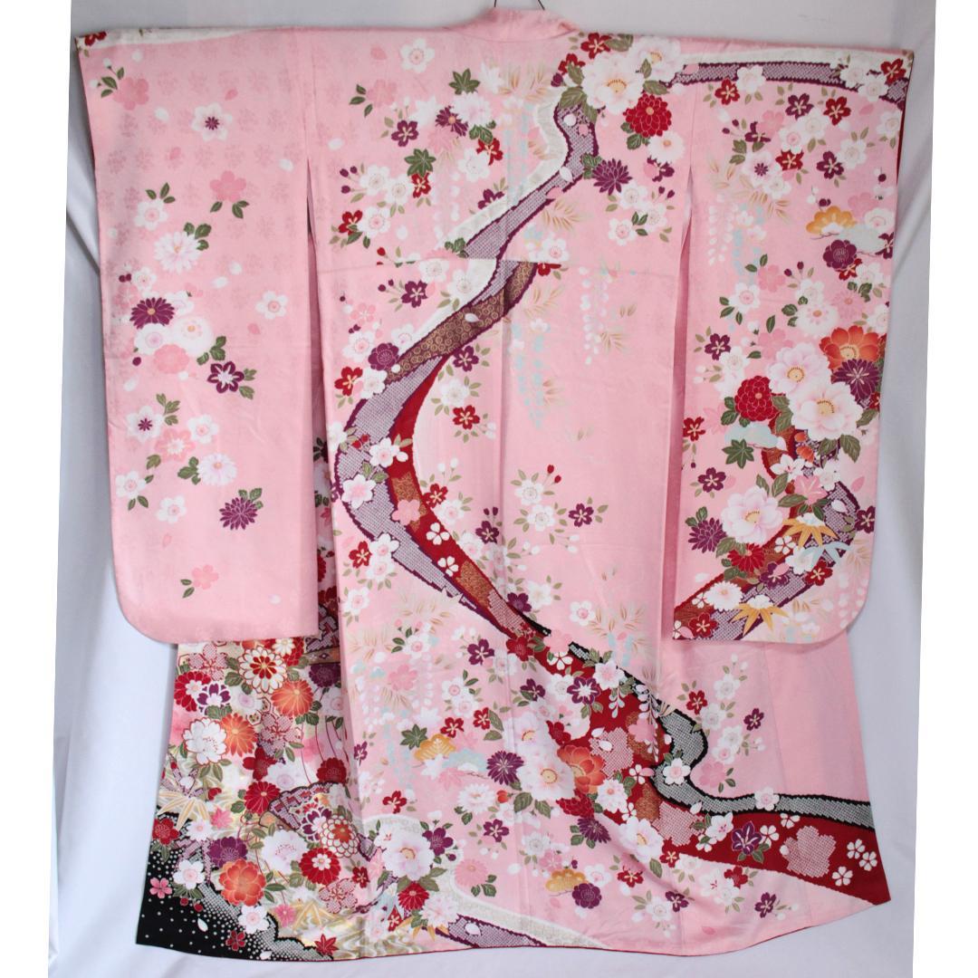 振袖現代柄ピンク5点セット 帯 帯揚げ 帯締め 重ね衿 成人式前撮りPK12