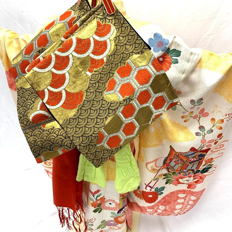 410ag86□七五三 七歳 女児 着物&袋帯&長襦袢 ぼかし染め 黄色□