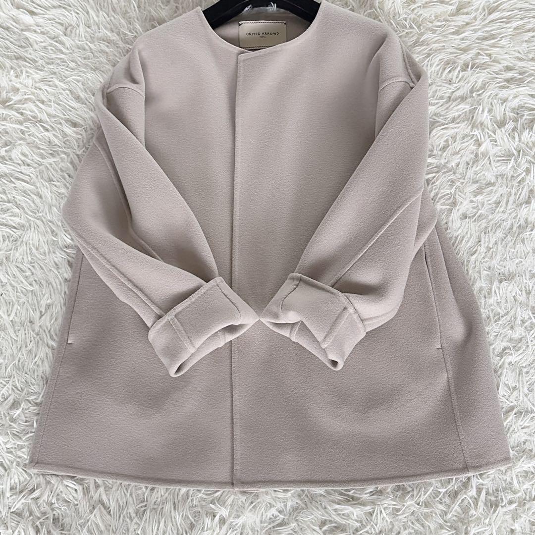 美品✨【ユナイテッドアローズ】リバー ノーカラー ショートコート グレージュ36