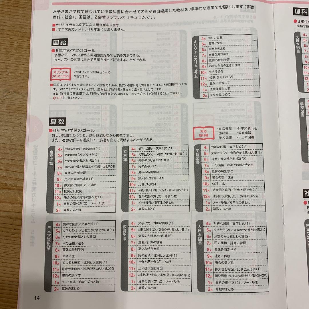 Z会2019年度小６国語・算数・理科・社会６月〜２月、添削問題４月〜2月、他