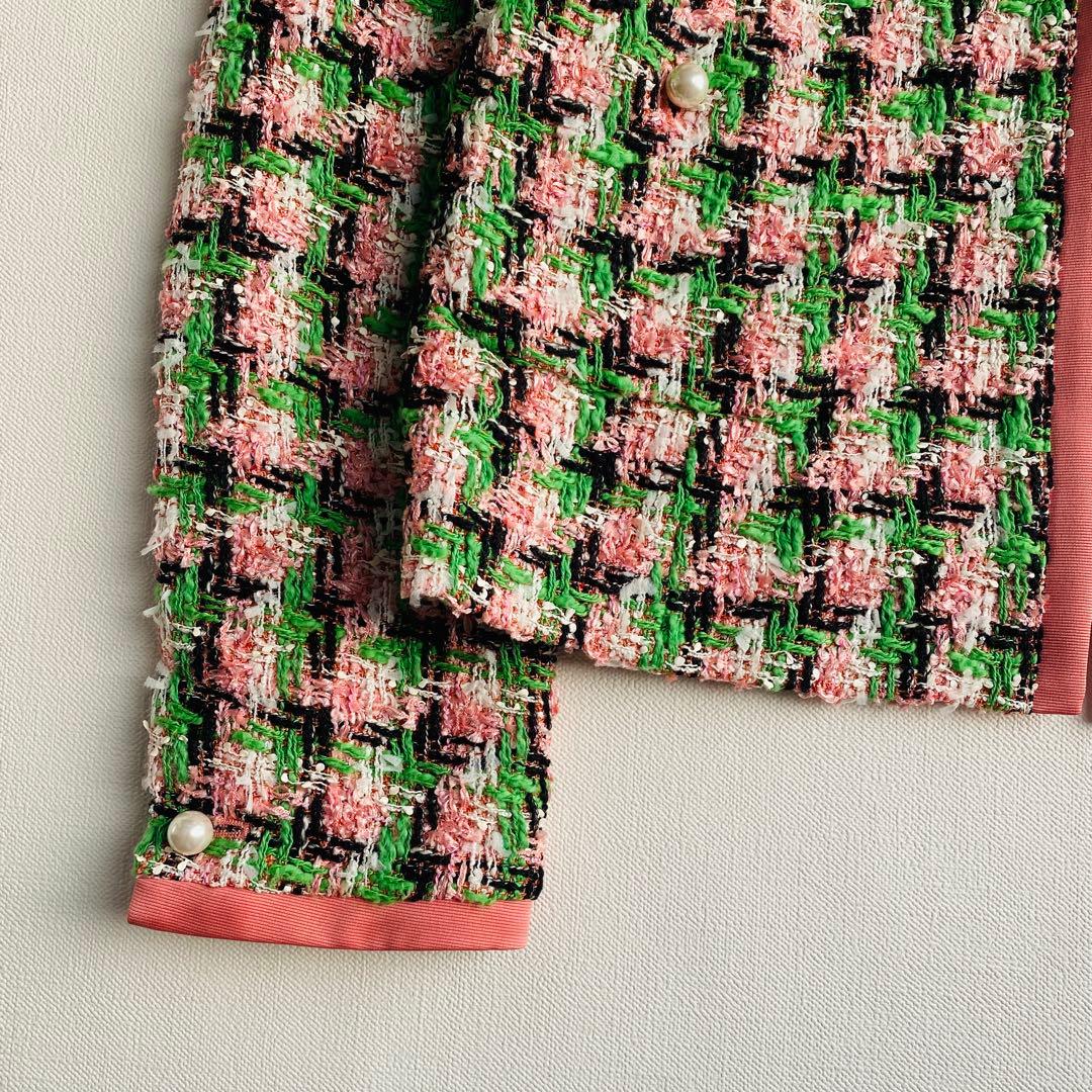 定価9.7万ANAYI ファンシーチェックツィードクルー　ジャケット ピンク 緑