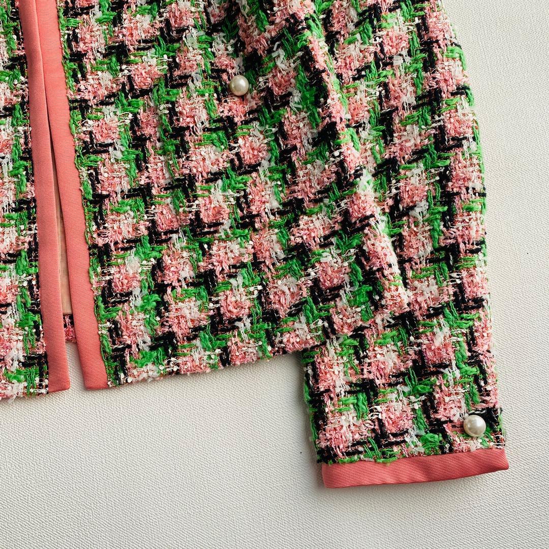 定価9.7万ANAYI ファンシーチェックツィードクルー　ジャケット ピンク 緑