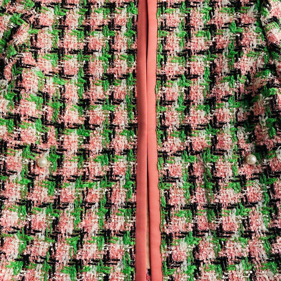 定価9.7万ANAYI ファンシーチェックツィードクルー　ジャケット ピンク 緑