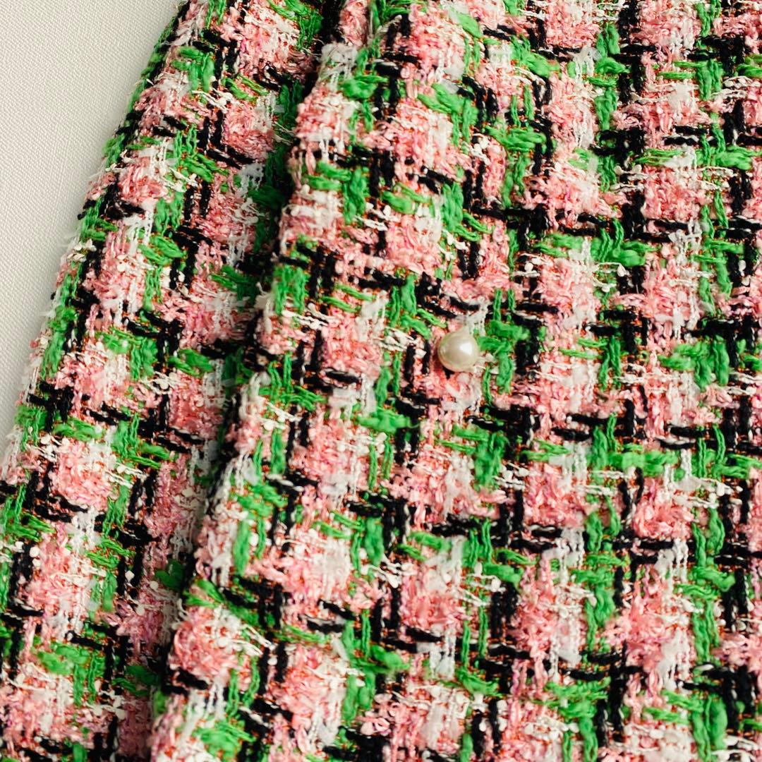 定価9.7万ANAYI ファンシーチェックツィードクルー　ジャケット ピンク 緑