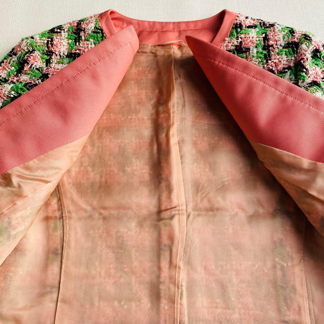 定価9.7万ANAYI ファンシーチェックツィードクルー　ジャケット ピンク 緑