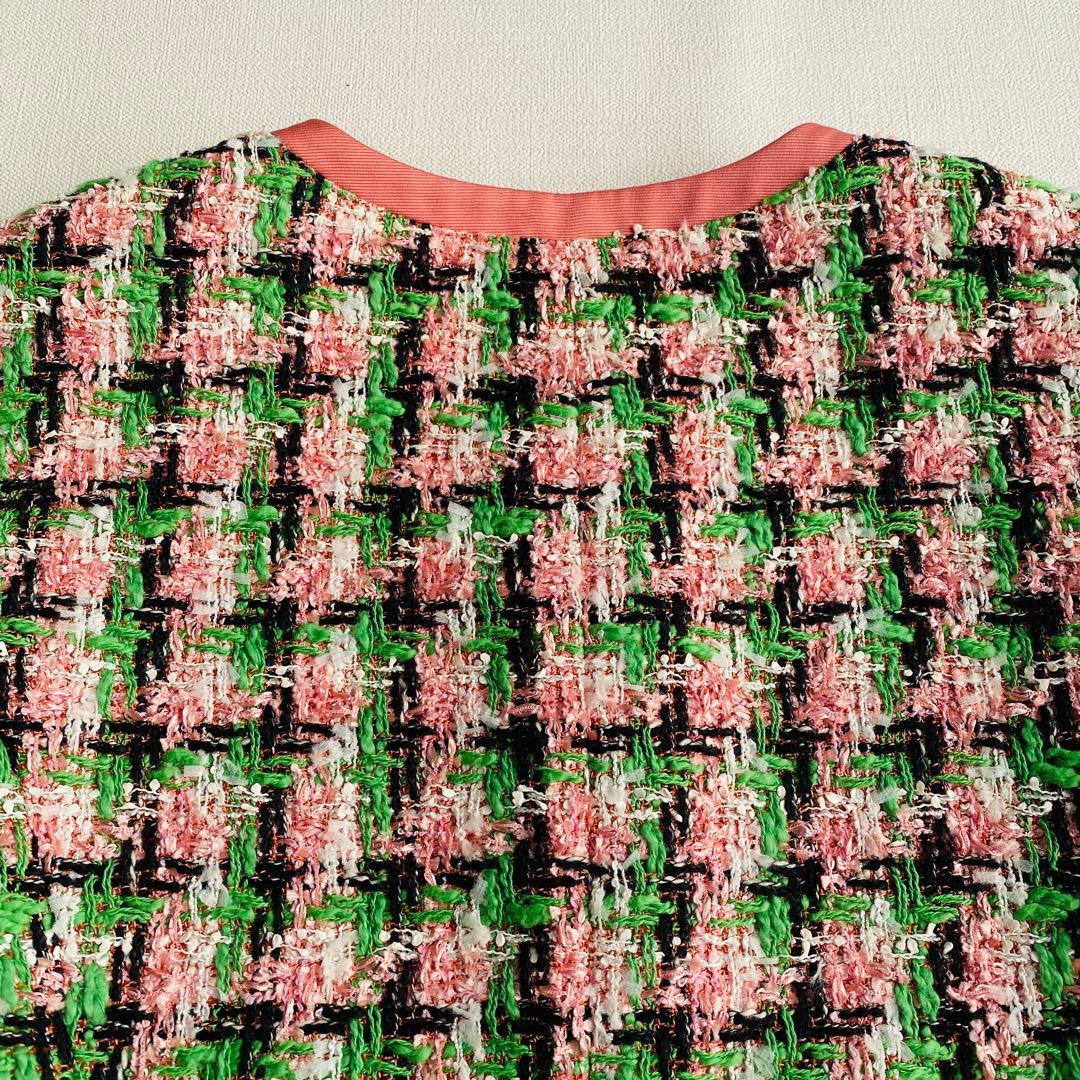 定価9.7万ANAYI ファンシーチェックツィードクルー　ジャケット ピンク 緑