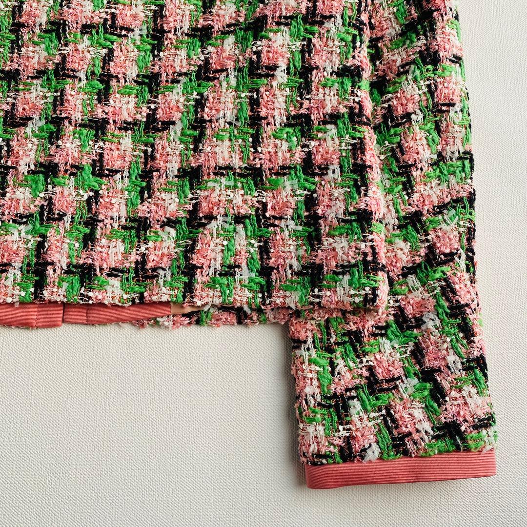定価9.7万ANAYI ファンシーチェックツィードクルー　ジャケット ピンク 緑