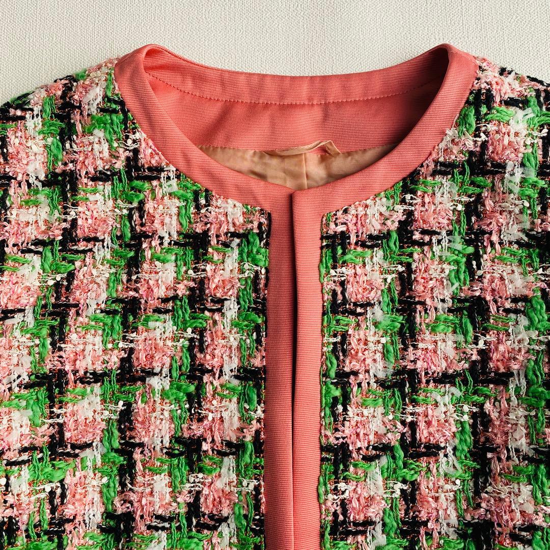 定価9.7万ANAYI ファンシーチェックツィードクルー　ジャケット ピンク 緑