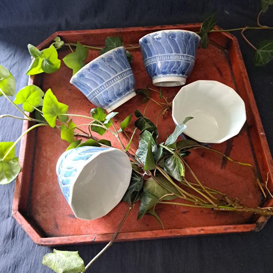 「不思議デザインな古伊万里(直径9.5cm)」 染付向付4客セット 骨董アンティ