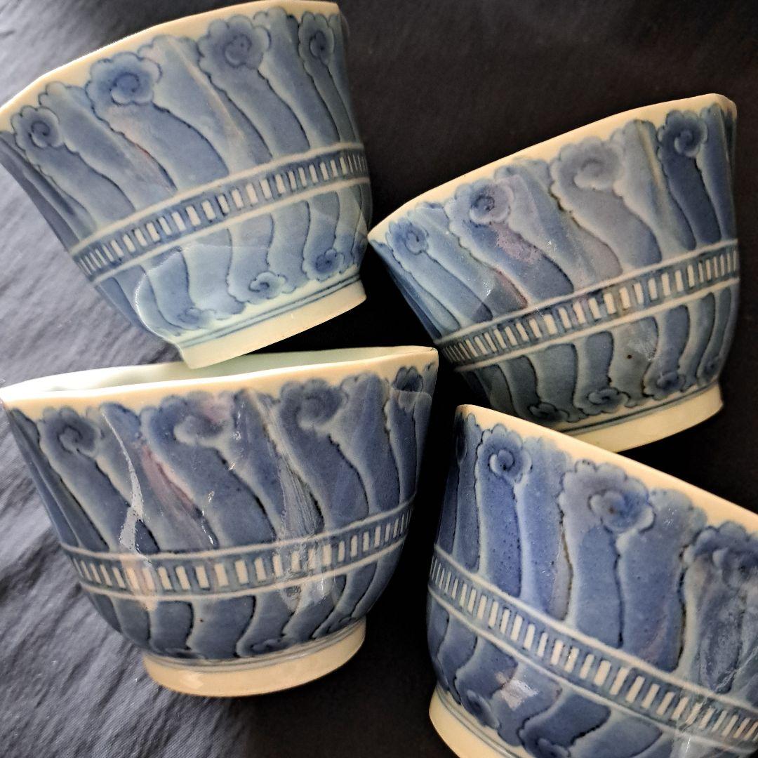 「不思議デザインな古伊万里(直径9.5cm)」 染付向付4客セット 骨董アンティ