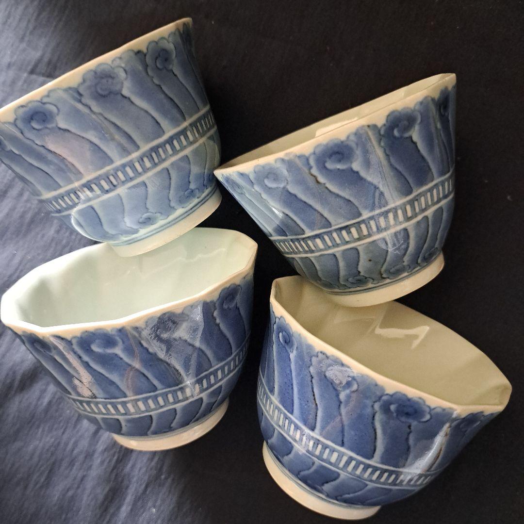 「不思議デザインな古伊万里(直径9.5cm)」 染付向付4客セット 骨董アンティ