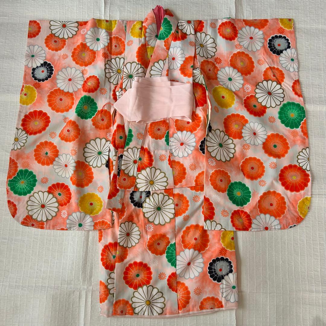 七五三 3歳 子供着物 753 アンティーク着物 被布 女の子 三歳 ピンク 白