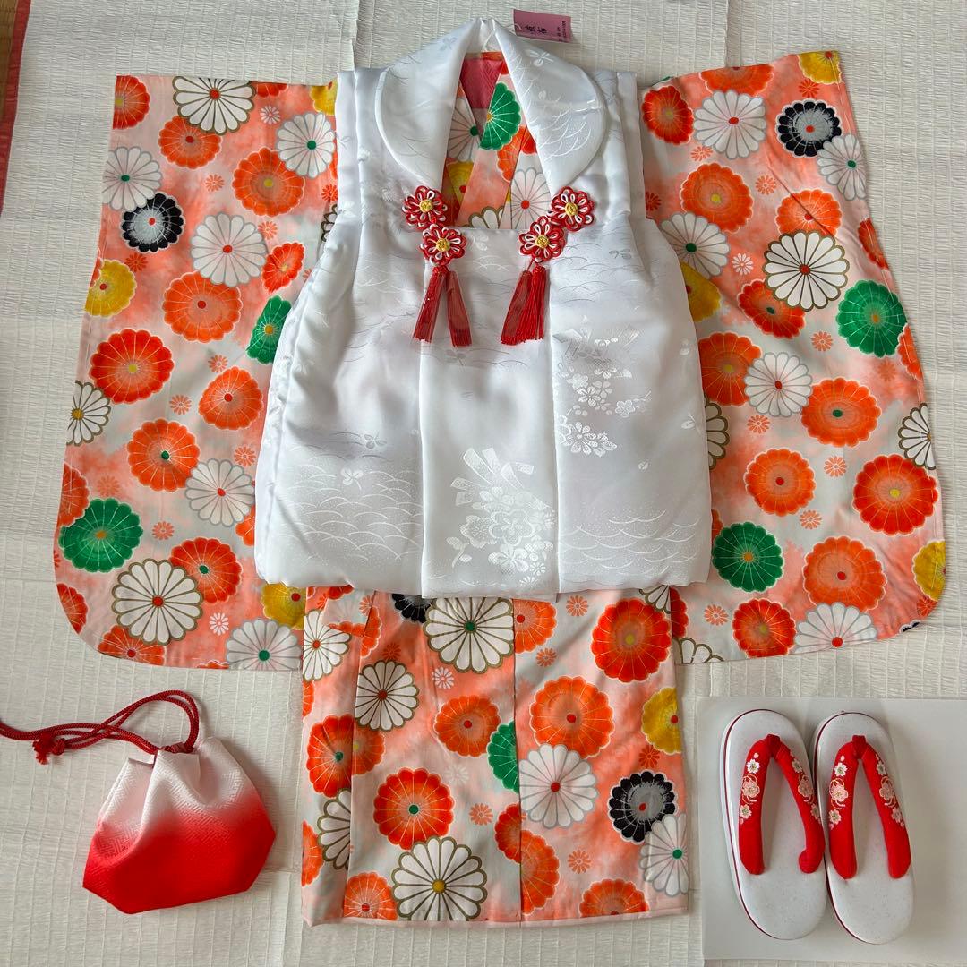 七五三 3歳 子供着物 753 アンティーク着物 被布 女の子 三歳 ピンク 白