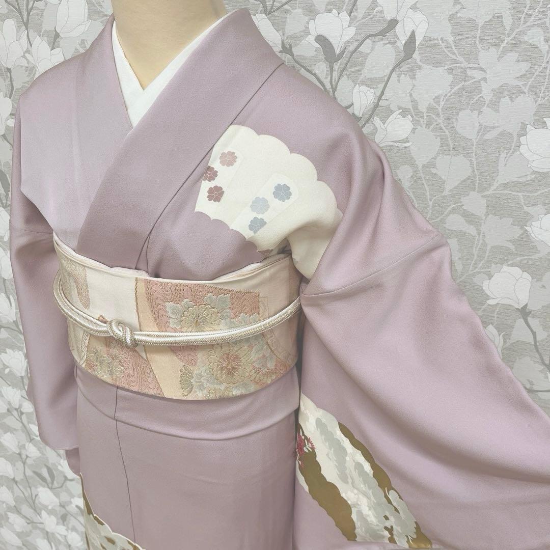 正絹 訪問着 扇面重文(未使用品)袋帯セット【裄69cm】