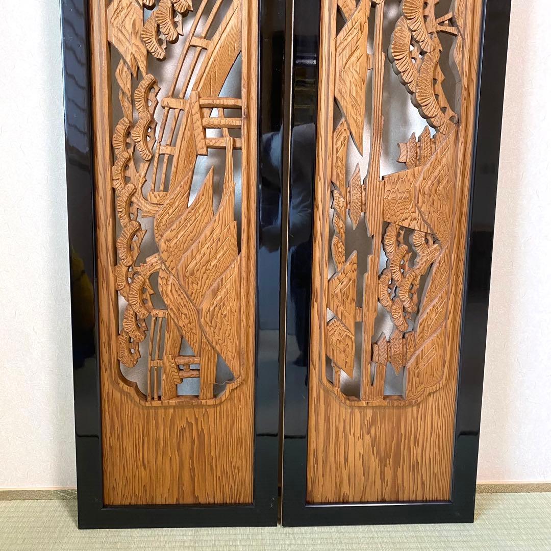欄間 らんま 2枚セット【近江八景】古民家　アンティーク 表裏両面木彫り ランマ