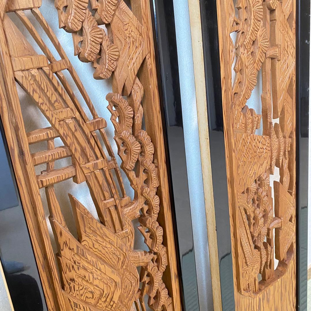 欄間 らんま 2枚セット【近江八景】古民家　アンティーク 表裏両面木彫り ランマ