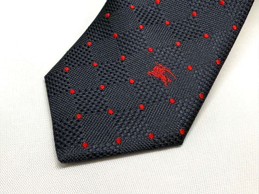 【BURBERRY BLACK LABEL】ネクタイ ネイビー赤ドット×スクエア