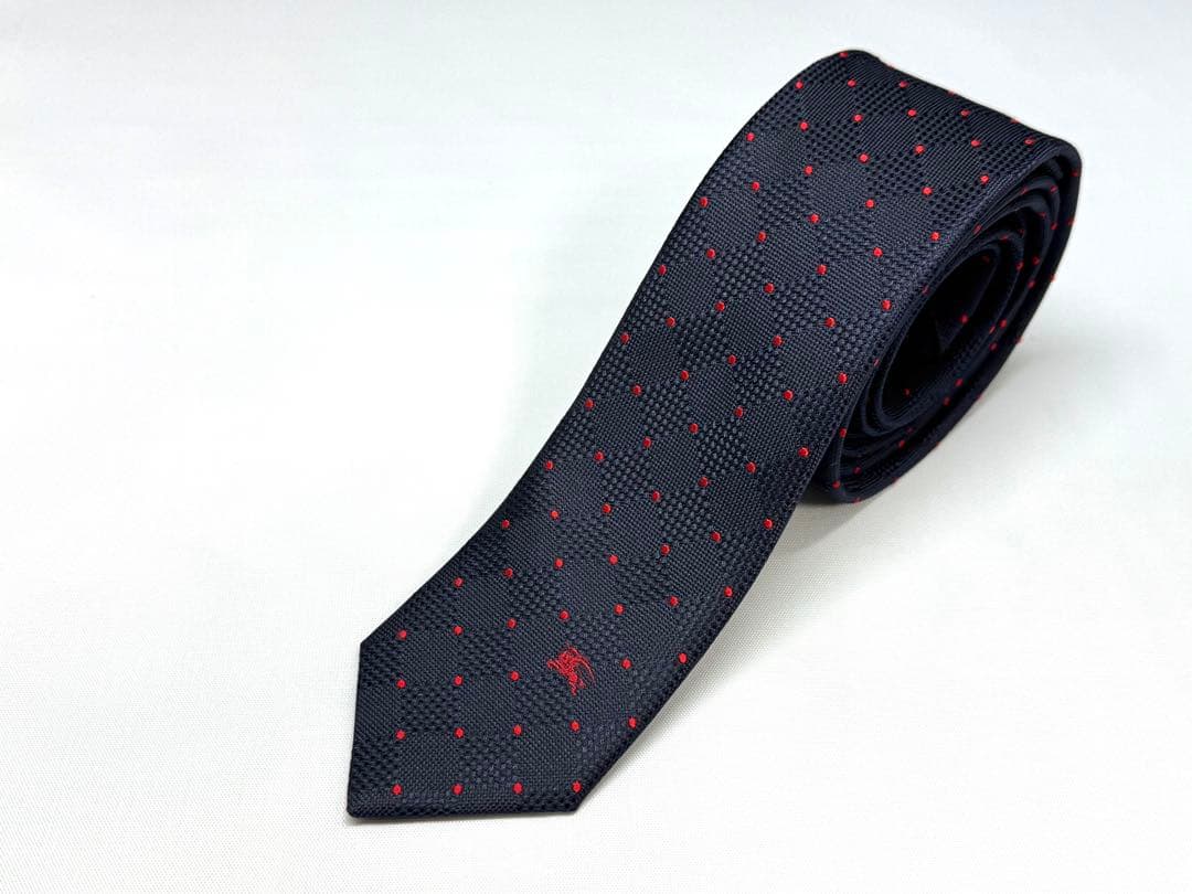 【BURBERRY BLACK LABEL】ネクタイ ネイビー赤ドット×スクエア