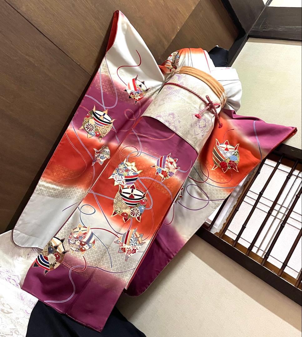 振袖フルセット6点サイズＬ糸巻文　暈し染め　金彩　正絹